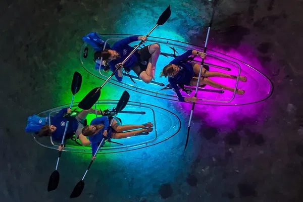 Clear Kayak Sunset Glow: A Nighttime River Adventure in San Marcos