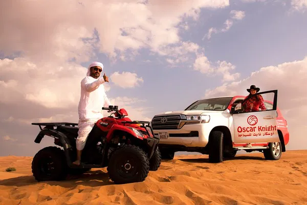 Thrill-Seeker's Paradise: Dubai Quad Bike Adventure with Sandboarding & Camels