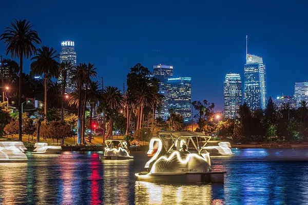 Glide & Glow: Enchanting Night Ride on Echo Park Lake's Swan Boats